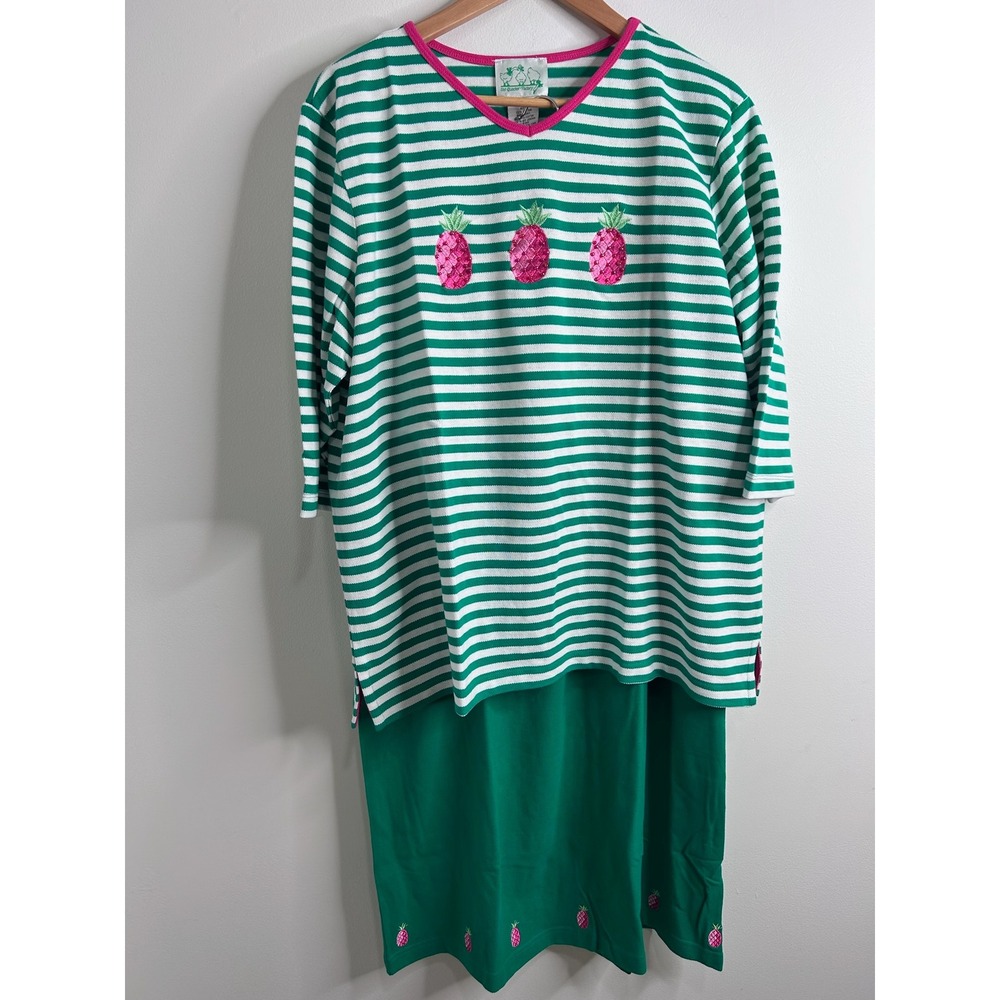 The Quacker Factory Womens 1X Green Striped Pineapple Skirt Set New QVC